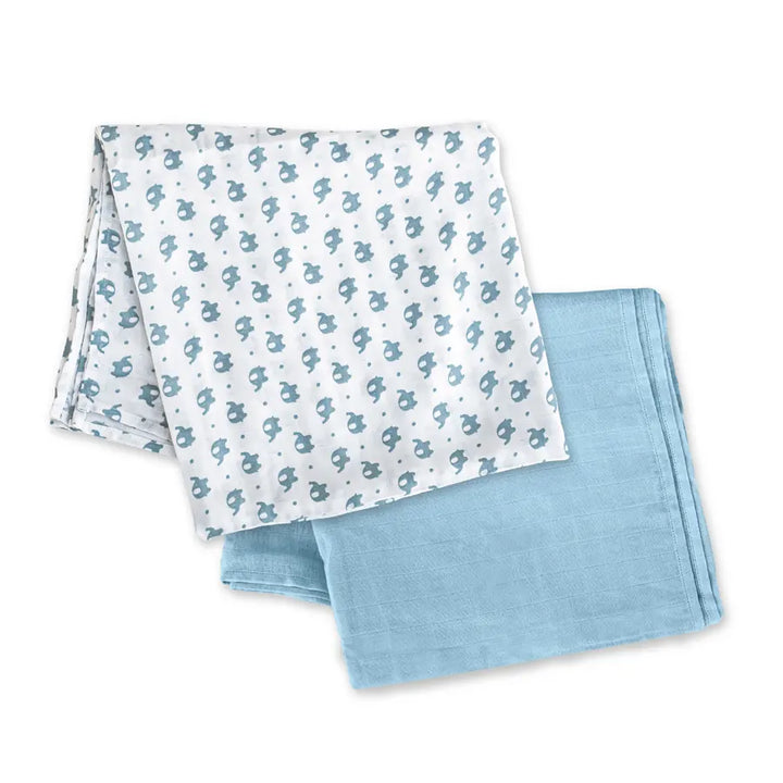 Moon - Bamboo Muslin Wrap/ Swaddle (Elephant Print & Blue)