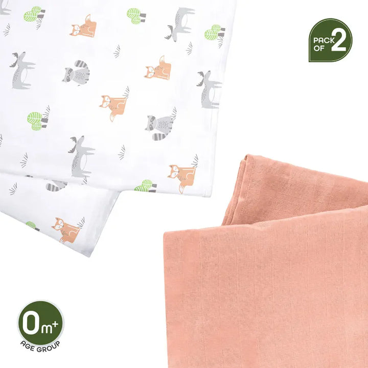 Moon - Bamboo Muslin Wrap/ Swaddle (Forest Print & Peach)