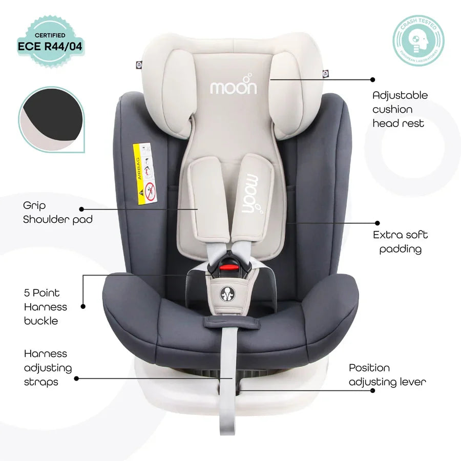 Moon - Gyro Baby Car Seat For Child Group 0+/1/2/3 (0-36 Kg/0-12 Year) Isofix+ Top Tether Rotation 360° Grey