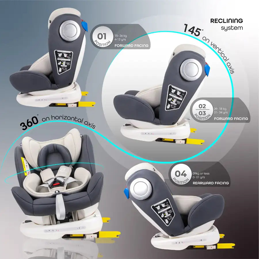 Moon - Gyro Baby Car Seat For Child Group 0+/1/2/3 (0-36 Kg/0-12 Year) Isofix+ Top Tether Rotation 360° Grey