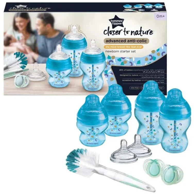 Tommee Tippee Advanced Anti-Colic Newborn Baby Bottle Starter Kit, Slow-Flow Breast-Like Teats and Unique Anti-Colic Venting System, Mixed Sizes, Blue