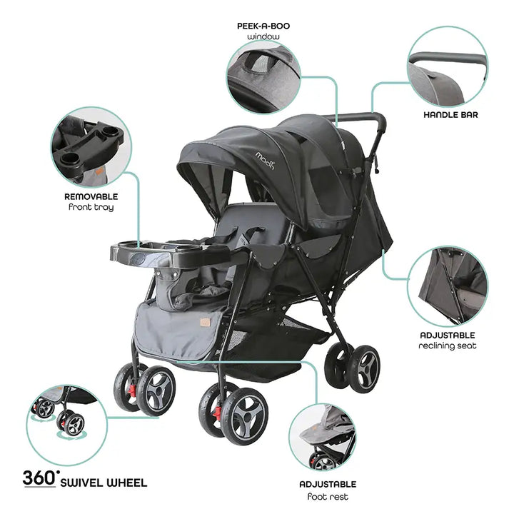 Moon Magnum Tandem Easy Fold Twin Travel Stroller (Black)