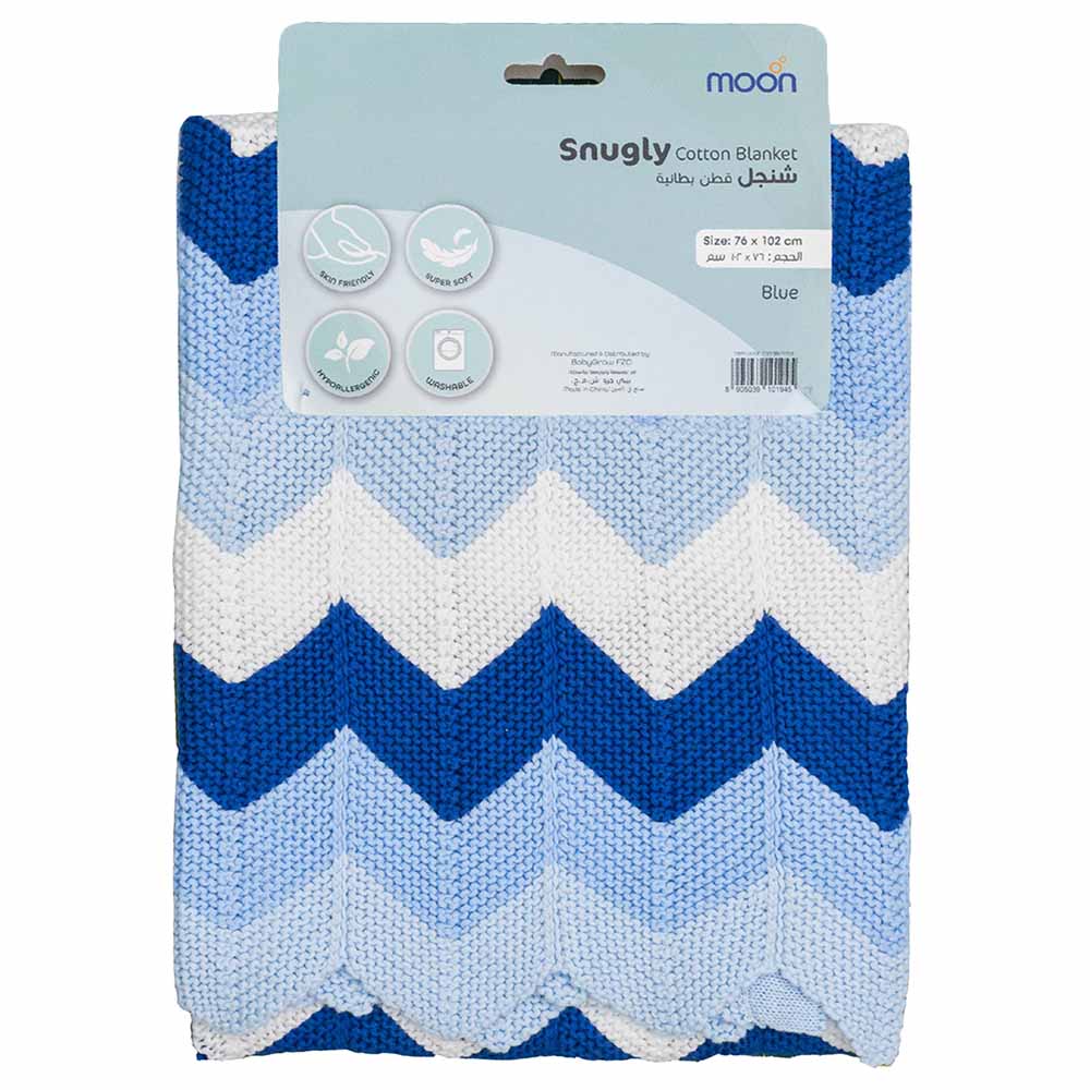 Moon - Snugly 100% Cotton Knitted Baby Blanket (Blue)