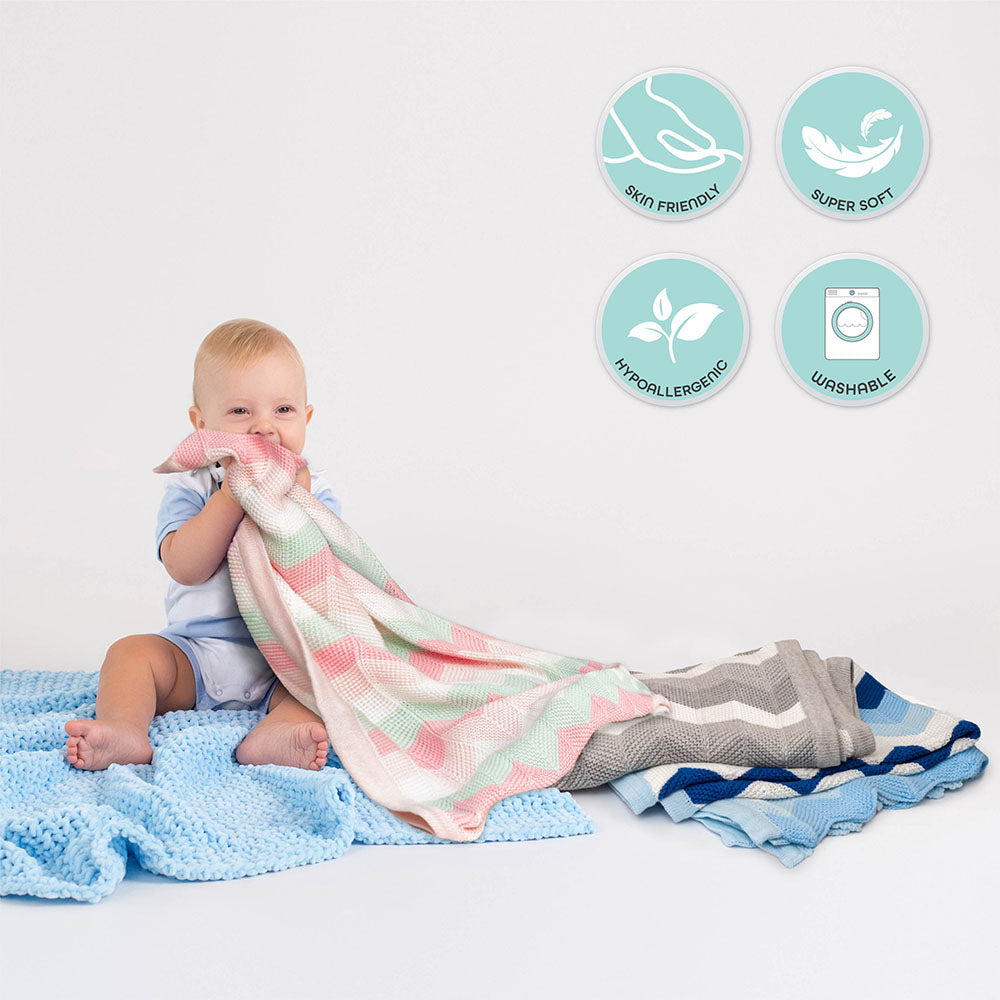 Moon - Snugly 100% Cotton Knitted Baby Blanket (Blue)