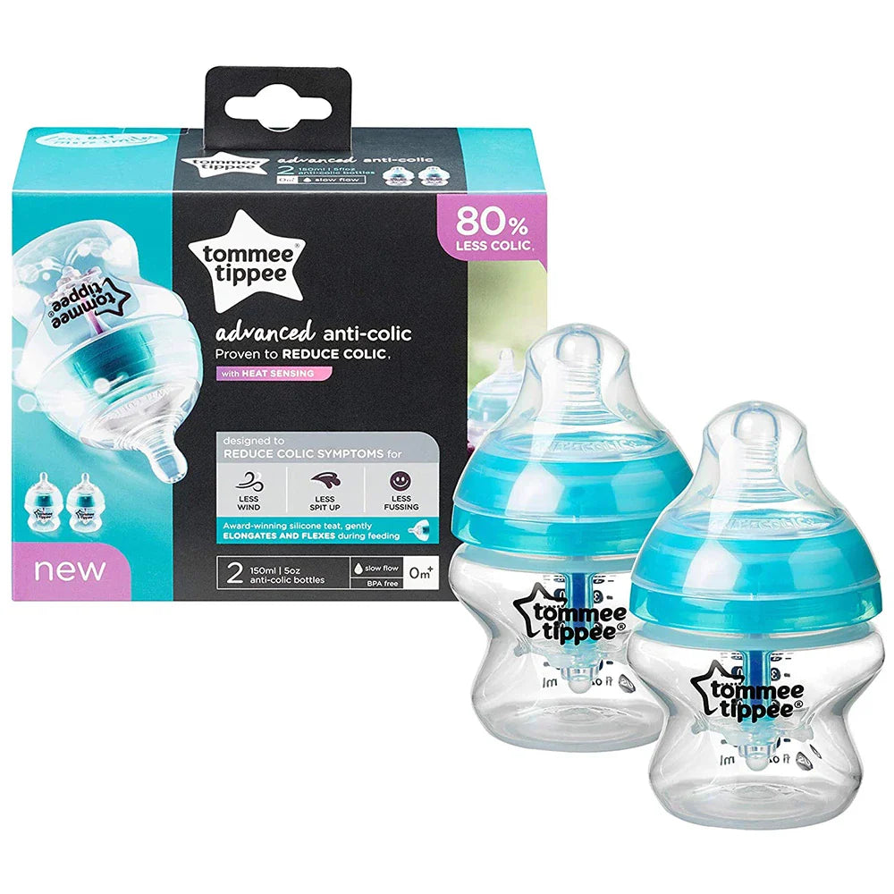 Tommee Tippee Advanced Anti-Colic Feeding Bottle, Slow Flow, 150ml x2 - Blue